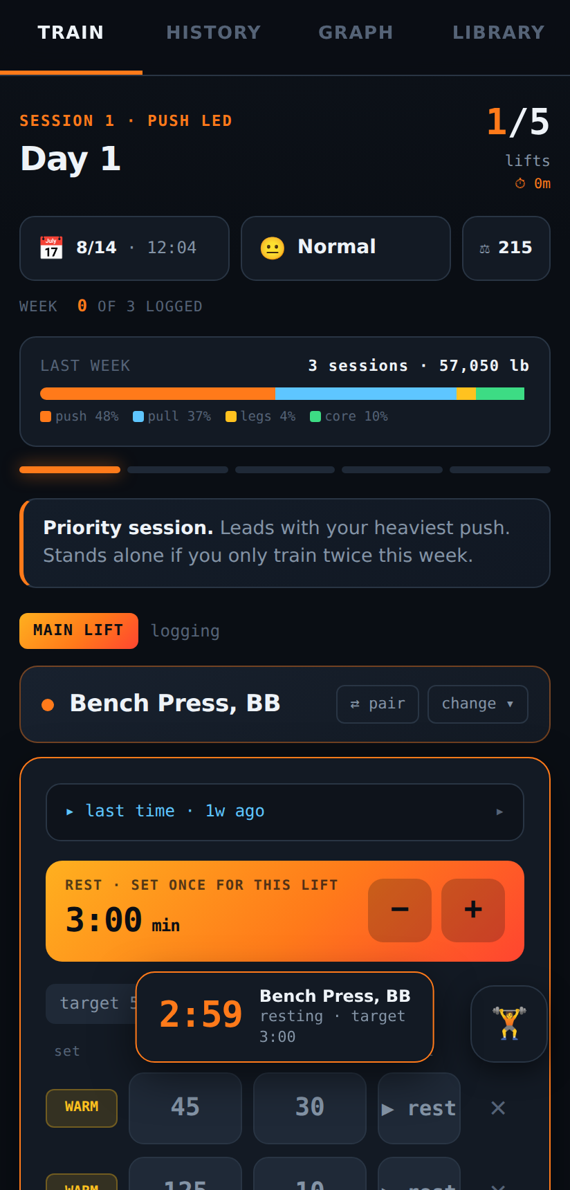 Logging bench press: auto warm-ups, ghost targets from last week, live rest timer